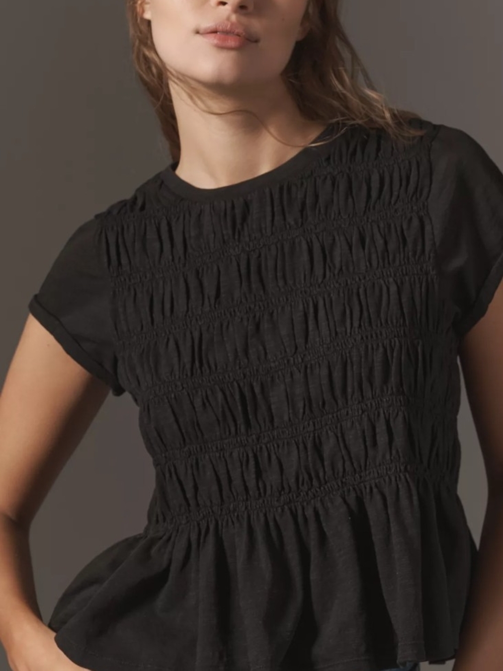 Black Smocked Peplum Short Sleeve Top PILCRO